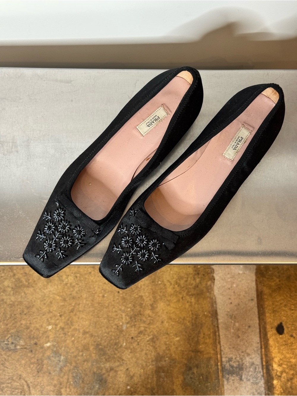 Prada vintage satin beaded kitten heel square toe shoes